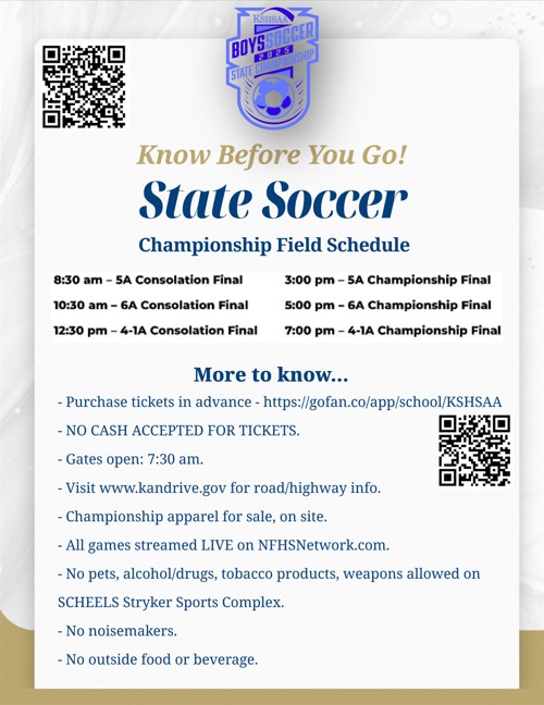 MaizeSouthAD's tweet image. Our Boys Soccer team will be competing in the State Championship on SATURDAY, 11/8/25 @ 3:00 PM

The first 50 students (who bring their IDs) will get in FREE courtesy of an amazing sponsor. Must be there by 2:45

#MAVSUP