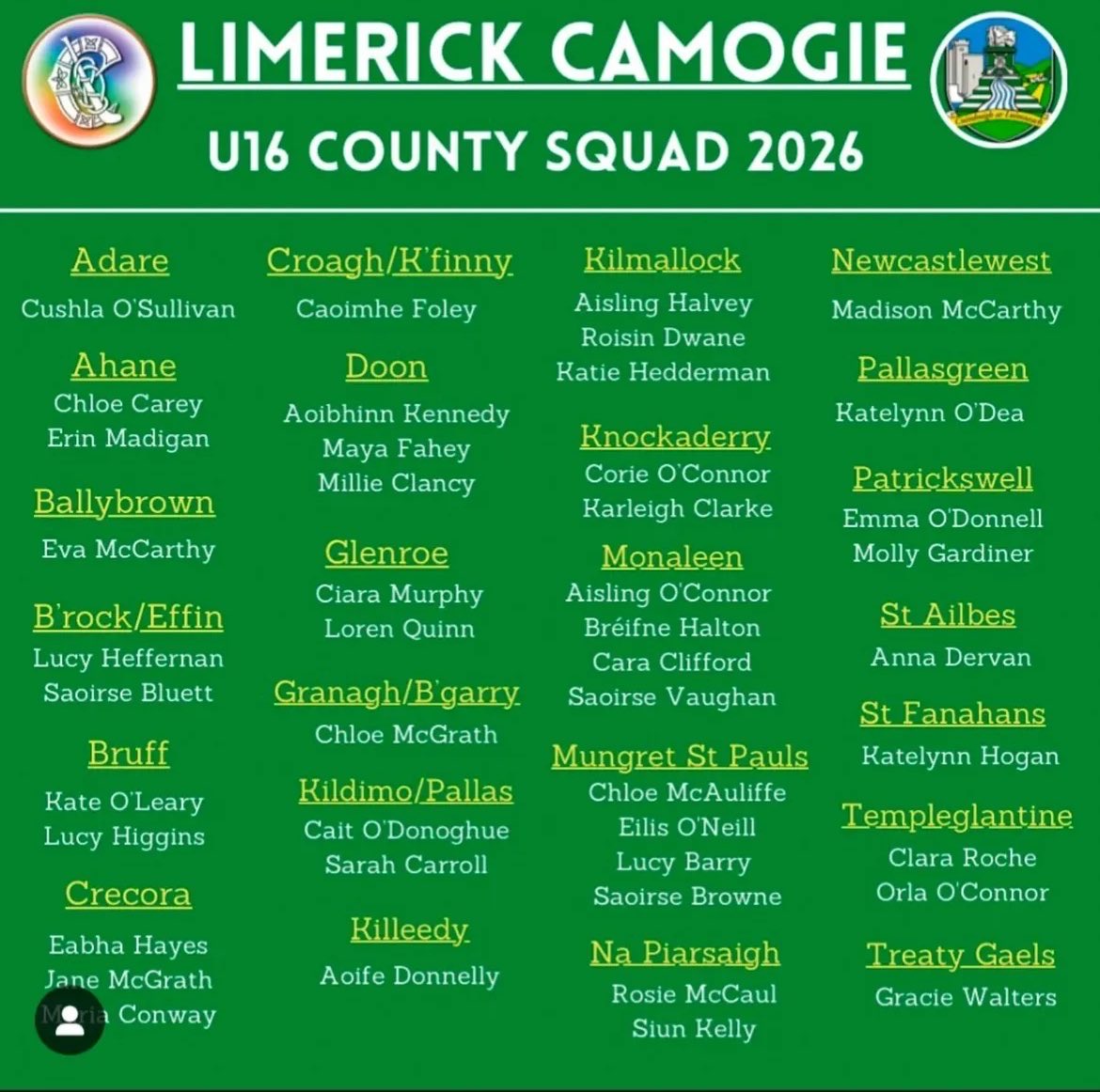 Well done and congratulations to our girls Ciara and Loren on selection for the U16 Limerick Camogie Squad for 2026. Best of luck girls 🖤💚