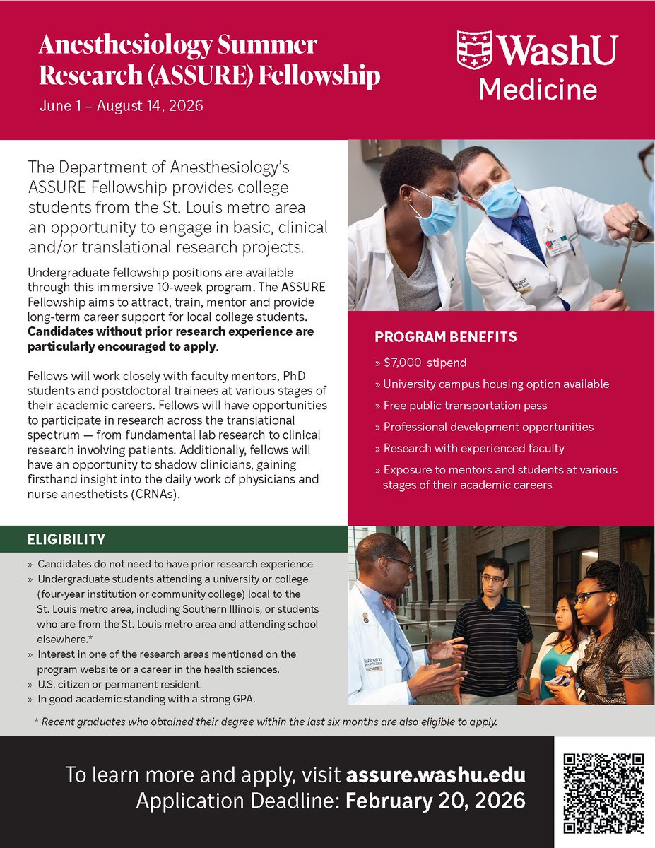 Interested in basic, clinical, or translational research? The ASSURE Fellowship <a href="/WashUanesthesia/">WashU Medicine Anesthesiology</a> is your opportunity to gain real research experience, mentorship &amp; a $7,000 stipend — right here in #STL. Apply by Feb 20! assure.wustl.edu