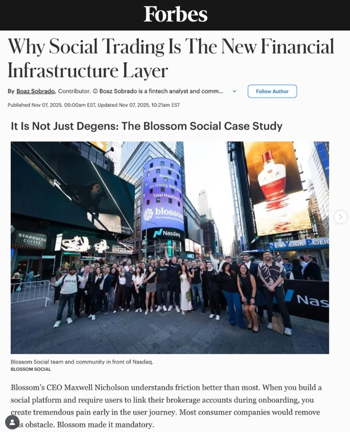 Blossom Social is featured on Forbes today.

Opening a great community to investors around the world. 🇺🇸🇨🇦🌍

Link to article in the reply!