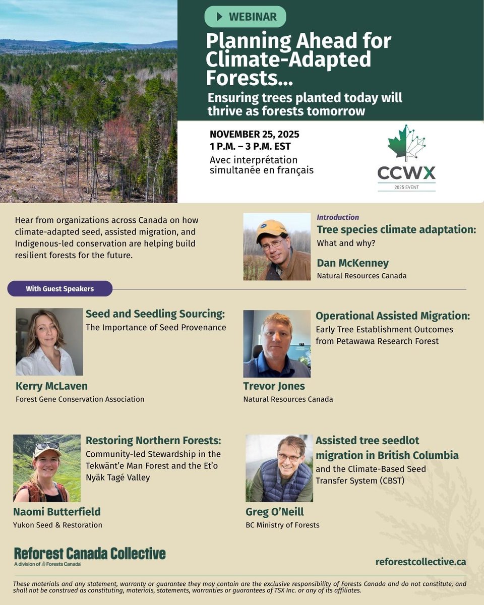 Planning tree planting projects across Canada requires many considerations. Register today for the latest FREE webinar hosted by the Reforest Canada Collective, a division of Forests Canada.  

We're planning ahead for climate-adapted forests. Join us for our next FREE webinar