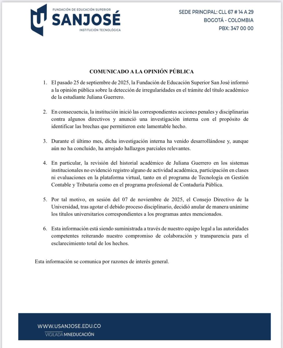 BluRadioCo's tweet image. #Atención No hay evidencia de que Juliana Guerrero, designada como viceministra de juventudes, hubiera asistido a clases ni presentado evaluaciones, confirmó el Consejo Directivo de la Fundación Universitaria San José.  Por este motivo, la institución decidió anular los dos…