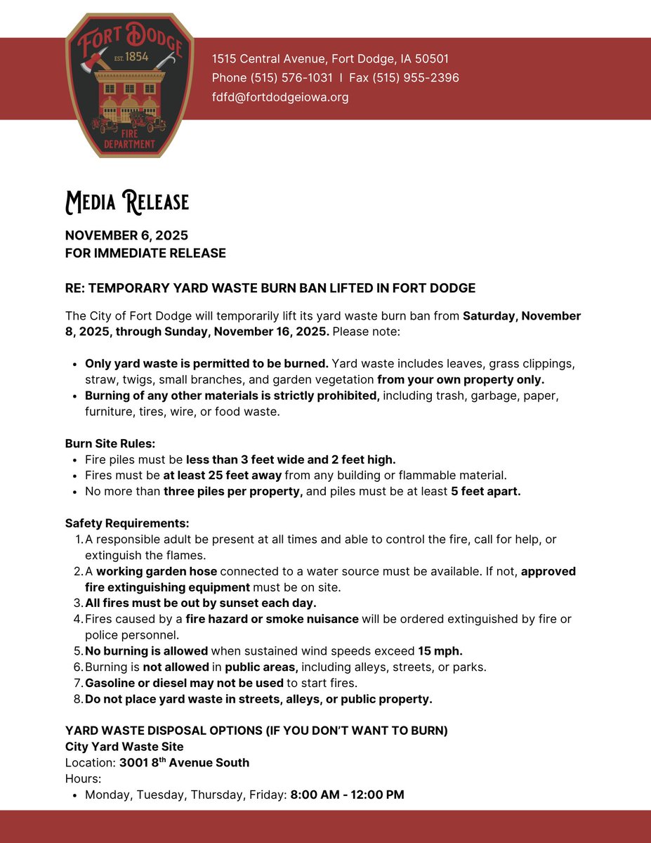 FDCITY's tweet image. 🔥 Fort Dodge lifts the yard waste burn ban! Burn leaves &amp;amp; twigs Nov. 8-16. Follow safety rules: small piles, 25 ft from structures, adult present. Prefer not to burn? Use City Yard Waste Site or curbside pickup. Stay safe &amp;amp; enjoy the season!