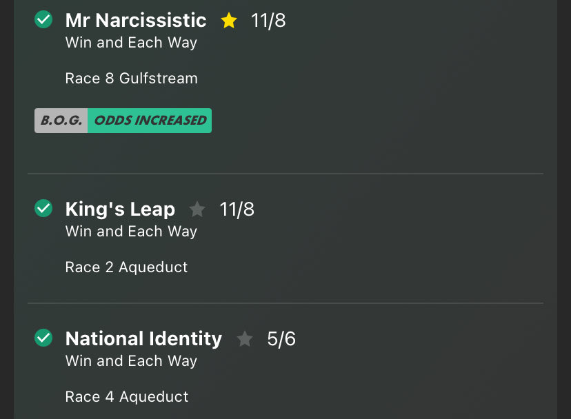 Of course when I don’t put them up, they all win don’t they? 

Bloody love Mr Narcissistic too 💙

And Flavien Prat 🐐

🇺🇸🏇