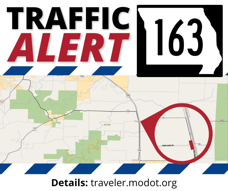 ALERT: Missouri Route 163, south of Columbia, is CLOSED at Deer Park Road. Use an alternate route.
Estimated clearance: 2 hours.
