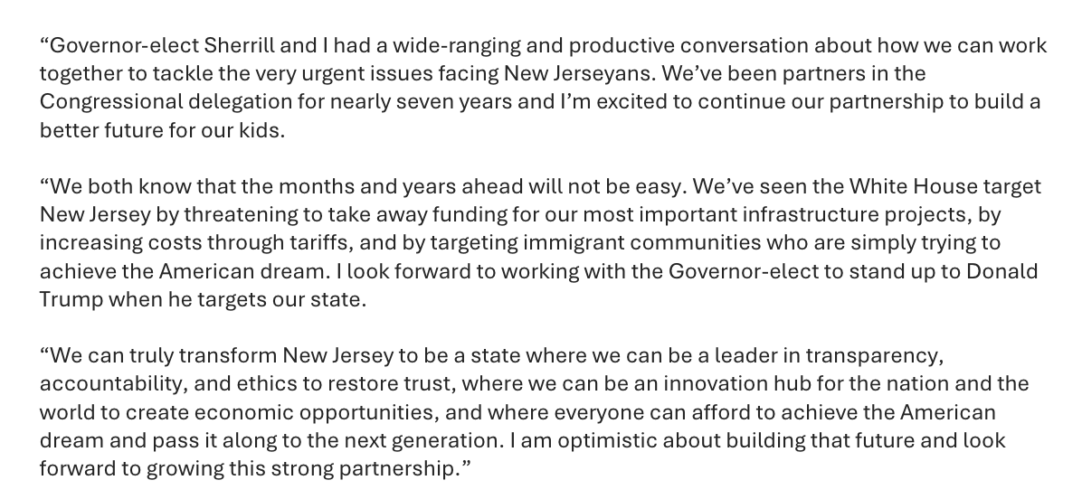 joeymdfox's tweet photo. Gov transition news: @SenatorAndyKim and Gov-elect @MikieSherrill had a virtual meeting today, 7 years after they both flipped House seats in the 2018 blue wave.

Kim says they discussed govt ethics, NJ innovation, and “stand[ing] up to Donald Trump when he targets our state.” https://t.co/9a74OPGHUv