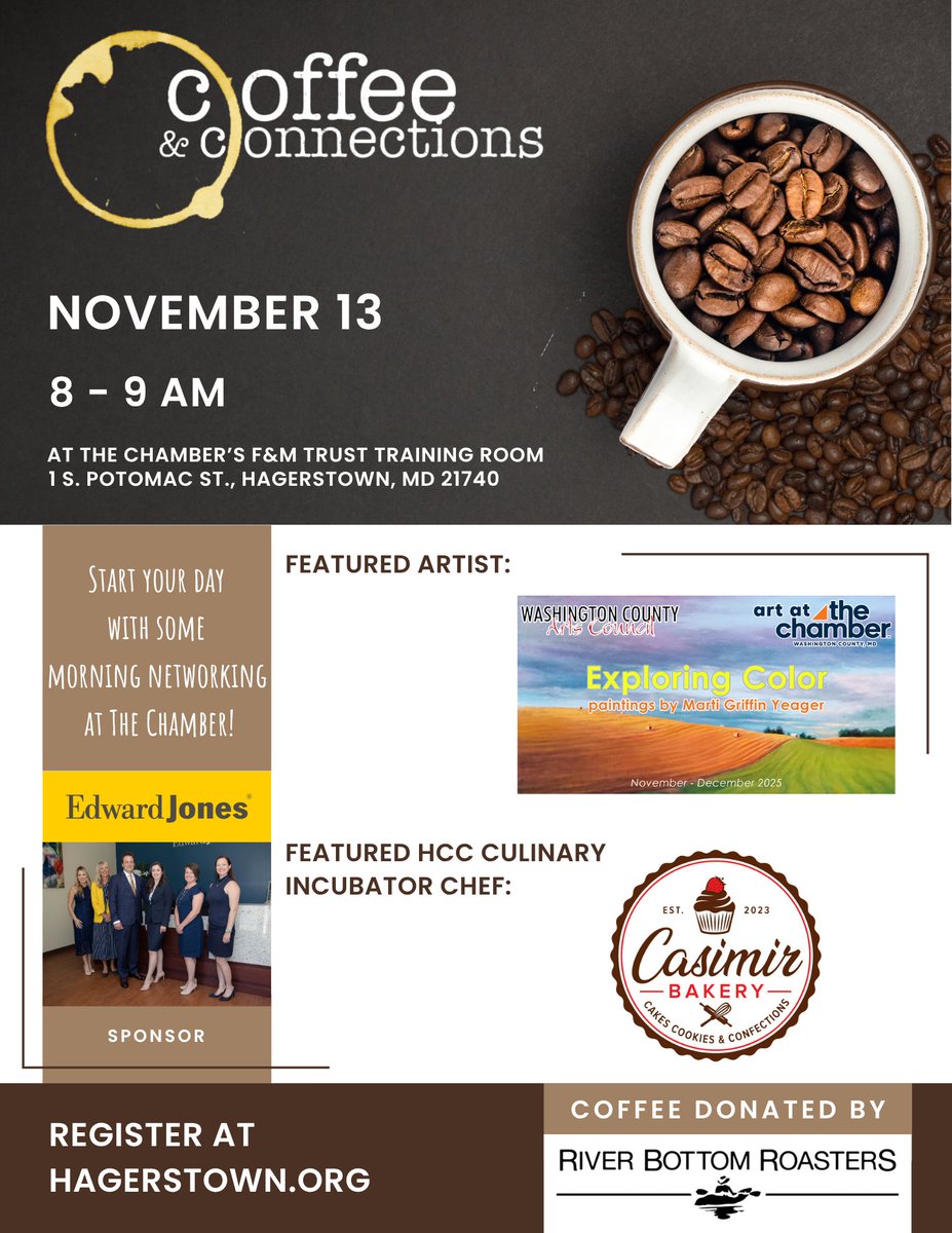 11/13 from 8-9am Coffee &amp; Connections, where chamber members speak about their organization along with an incubator chef with samples, and surrounded by art by local artists through the Wash. Co. Arts Council. 

Coffee: River Bottom Roasters. Sponsor: Edward Jones
Thank you!