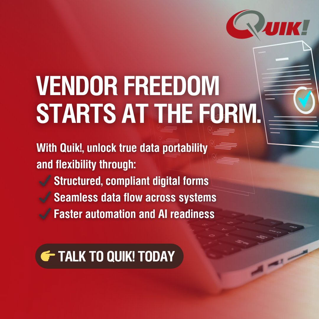 QuikForms's tweet image. Portability starts at the form, not the CRM.
AI, automation, &amp;amp; vendor freedom aren’t possible without structured, compliant data. That starts with the form. 

Quik! helps break through the bottleneck. Let’s talk: quikforms.com/get-started
#fintech #automation