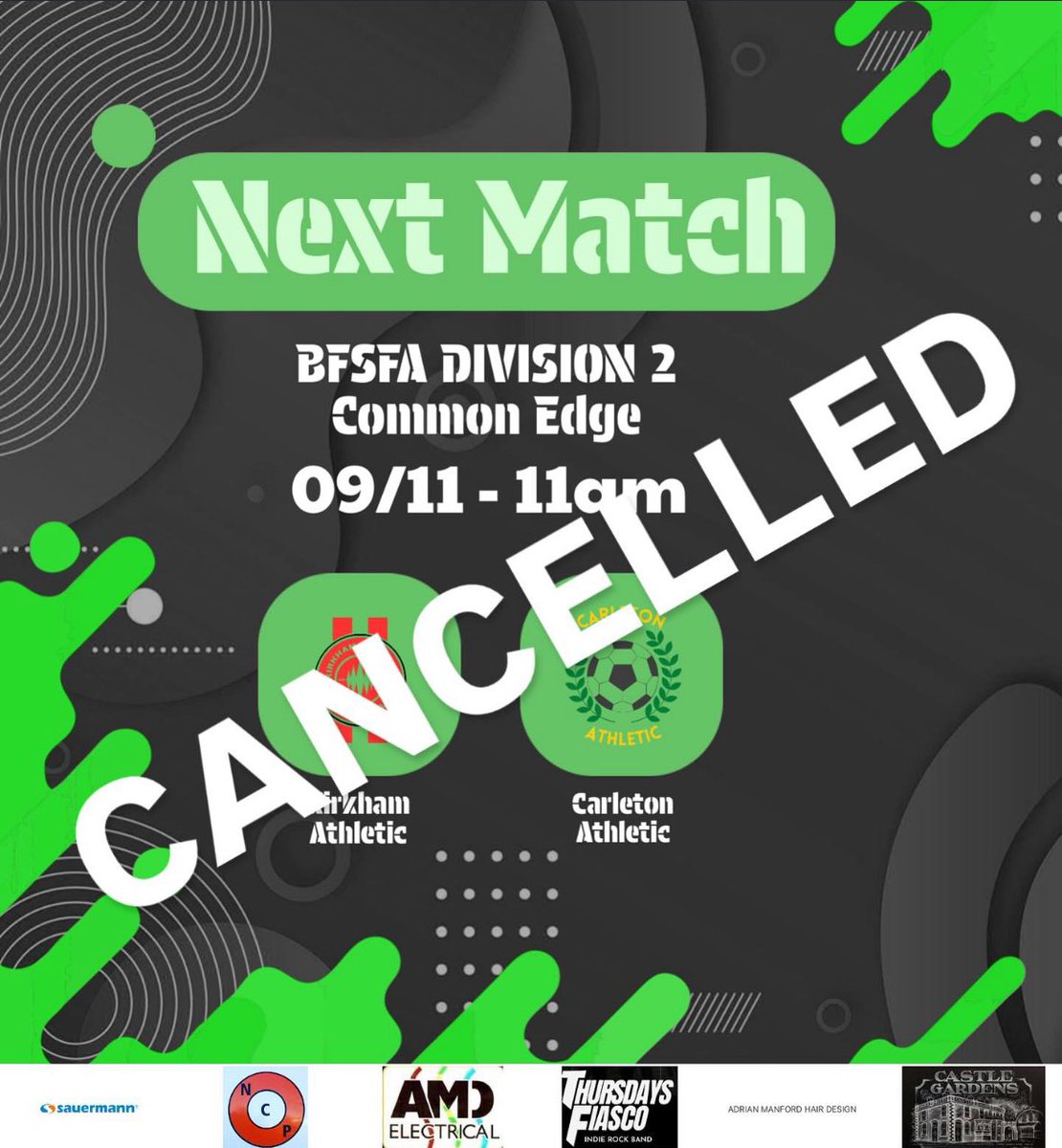 Unfortunately Sundays game has been postponed with Carleton being handed a 1-0 walkover win.

We wish our opponents all the best for the future.

Up the Tics 💚