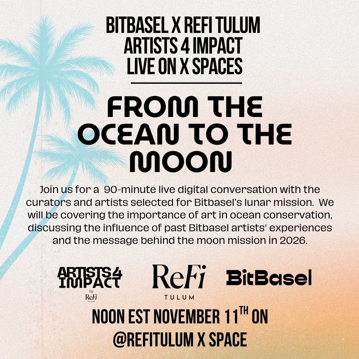 Save the date! 🌍✨
Join us Tue, Nov 11 @ 12 PM EST for 
Art4Impact Talk w <a href="/bitbaselart/">BitBasel</a>🎨🚀
We'll discuss how art, tech &amp; regeneration unite to spark planetary change, featuring artists bound for the lunar mission + voices from our Artists4Impact network
x.com/i/spaces/1yNGa…