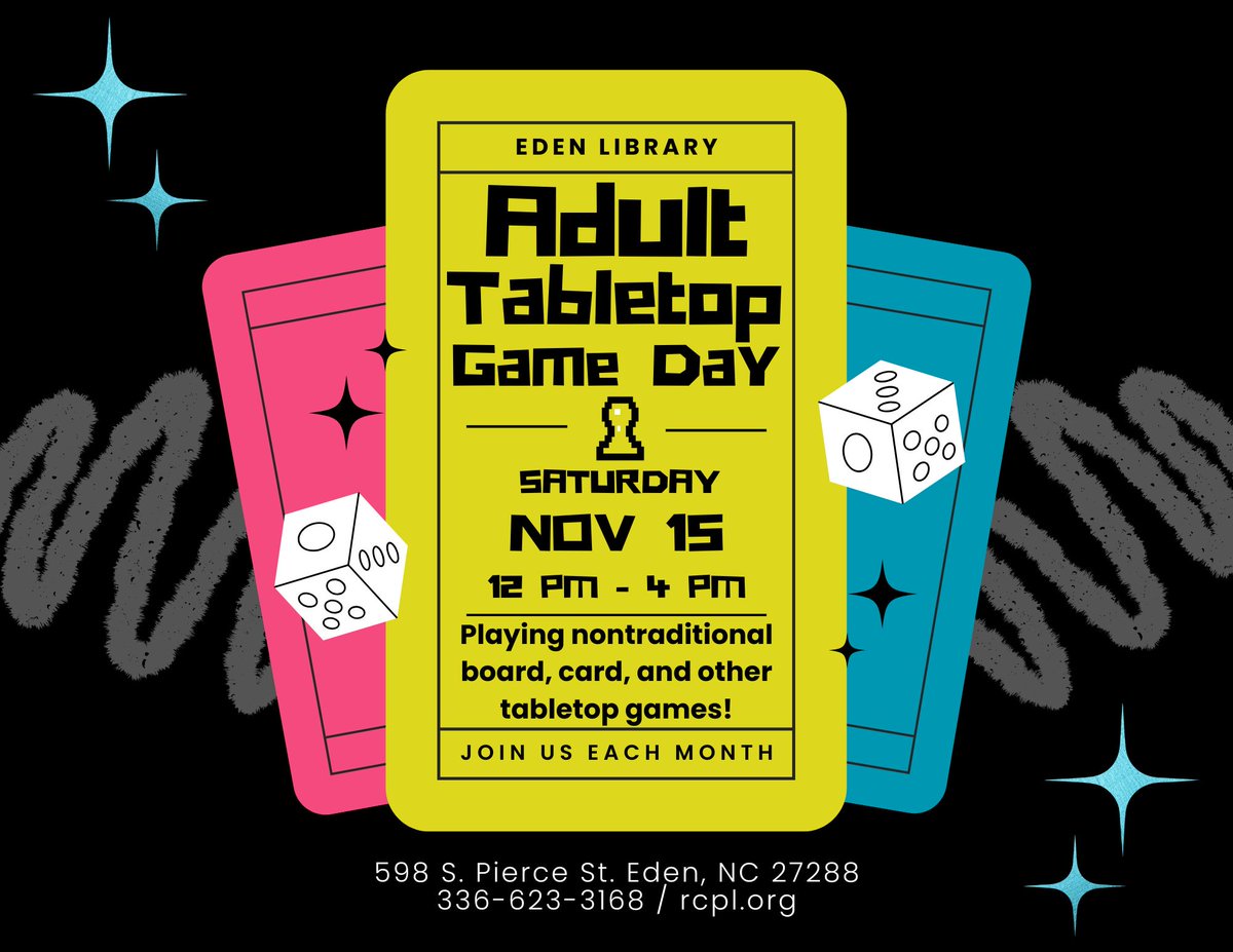 RCP_Library's tweet image. Programs and Events at Rockingham County Public Library on Saturday, November 15th! 🌽📗📽️🎲