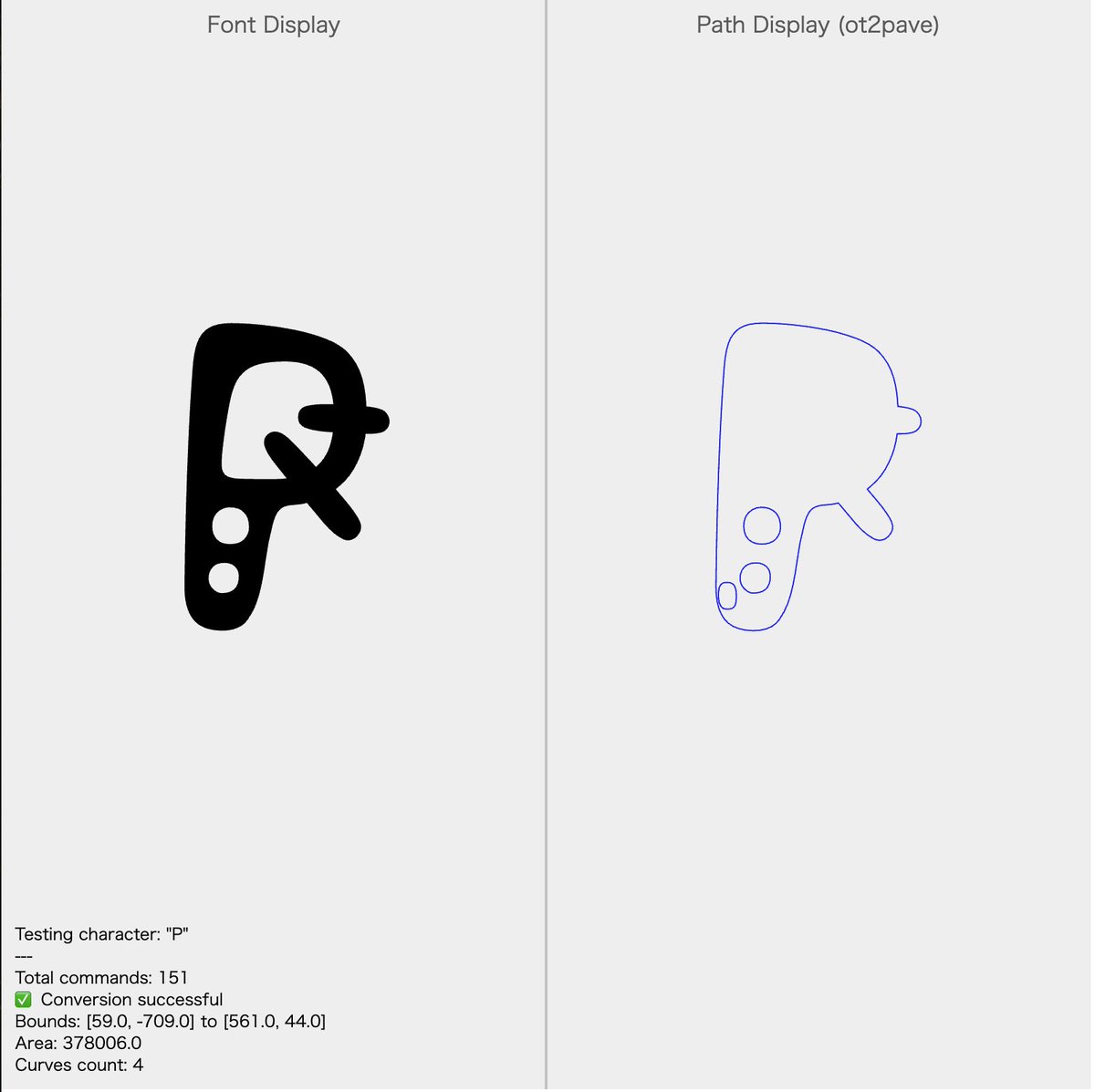 joki_hirooka's tweet image. OpenType.jsのSVGコマンドをPave.jsのパスに変換するot2pave関数の調整。重なり判定してパスを統合するプロセス、奥深い。わりと複雑な構造でゴミパスが混入しているKablammoはパーフェクトになった。しかしEmoji系に苦戦している。
#dailycoding #p5js #pavejs