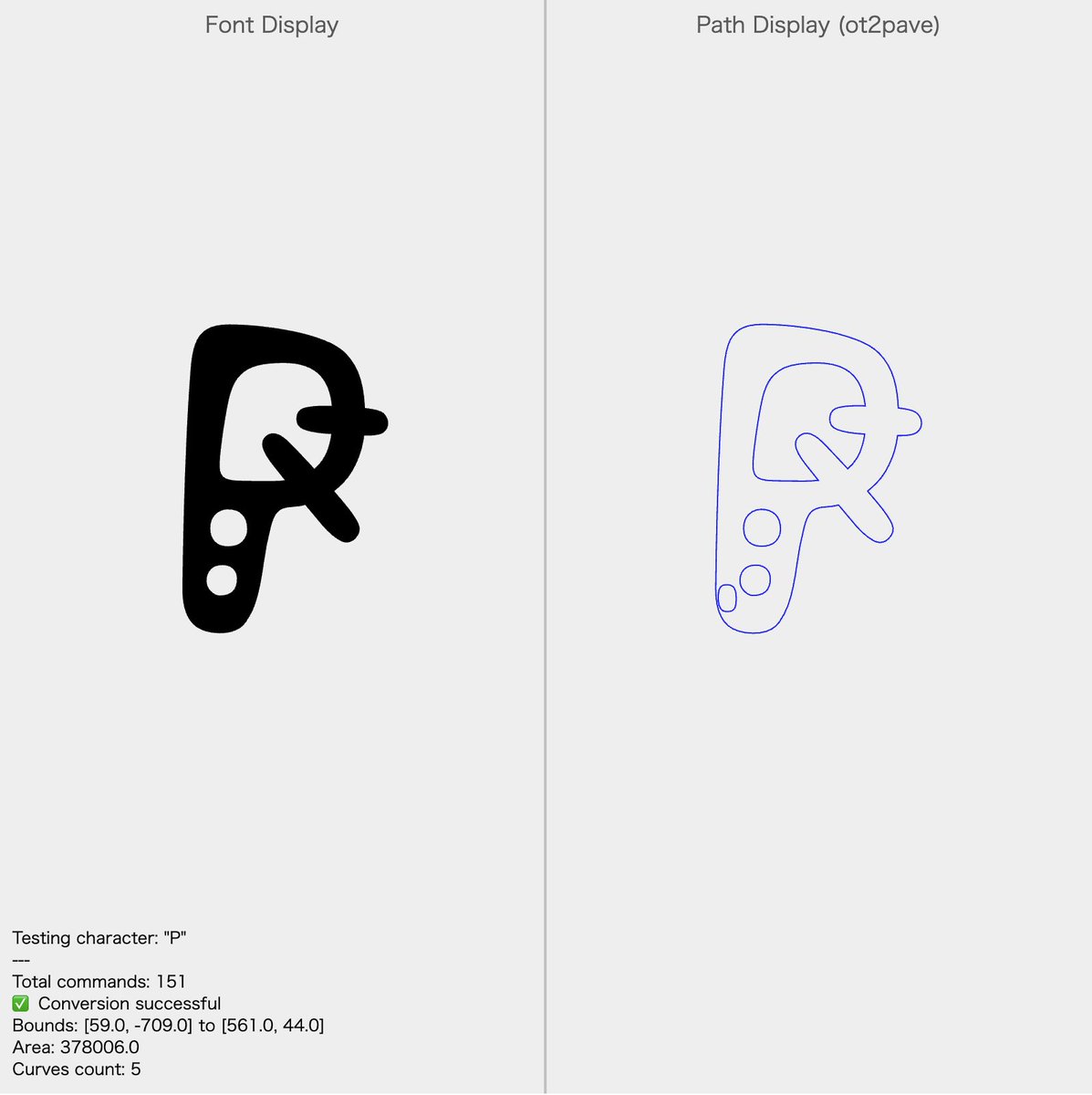 joki_hirooka's tweet image. OpenType.jsのSVGコマンドをPave.jsのパスに変換するot2pave関数の調整。重なり判定してパスを統合するプロセス、奥深い。わりと複雑な構造でゴミパスが混入しているKablammoはパーフェクトになった。しかしEmoji系に苦戦している。
#dailycoding #p5js #pavejs