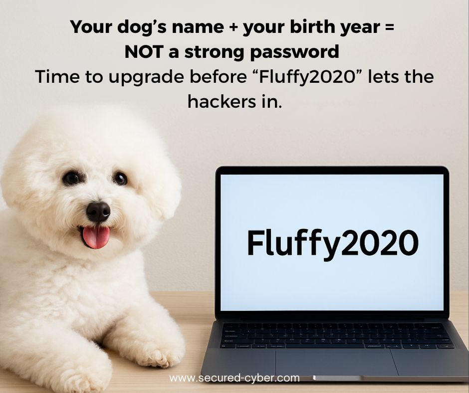 SecuredCyberVA's tweet image. Your dog’s name + your birth year = NOT a strong password 🐶🎂
Let’s fix that. We help you create stronger passwords, use password managers, and keep hackers out. 🔒secured-cyber.com
#FunnyFriday #CyberHumor #SecuredCyber