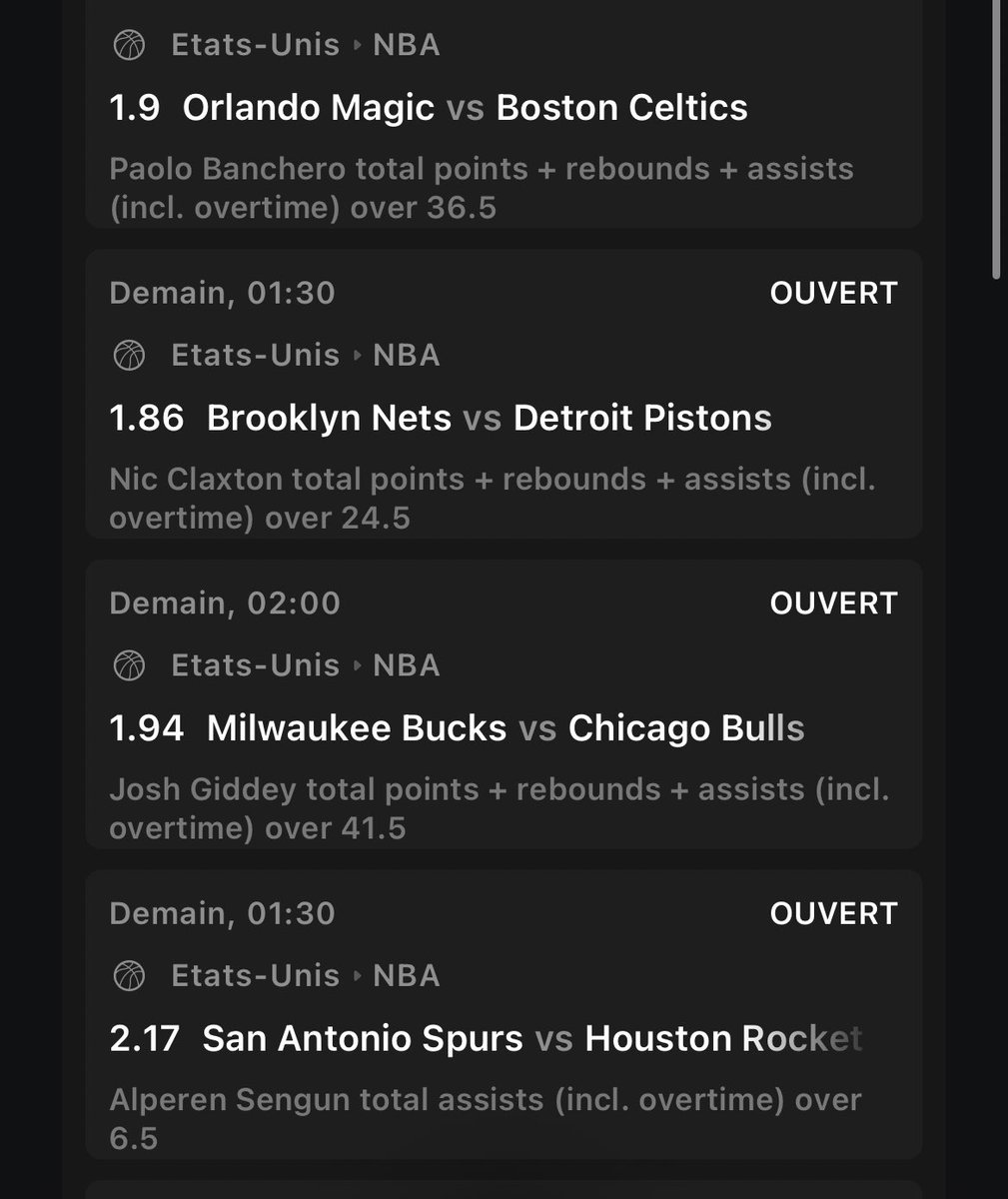 FastBreakTips's tweet image. #NBA 

BIG COMBO 🥩 

Sengun over 6,5 passes 
Giddey over 40,5 prp 
Claxton over 24,5 prp 
Banchero over 36,5 prp 
@ 16 

Doucement sur vos mises je préconise 0.5u max 💰 

❤️ si tu suis et Go vibrer 🔥 
#TeamParieur #FastBreakTips