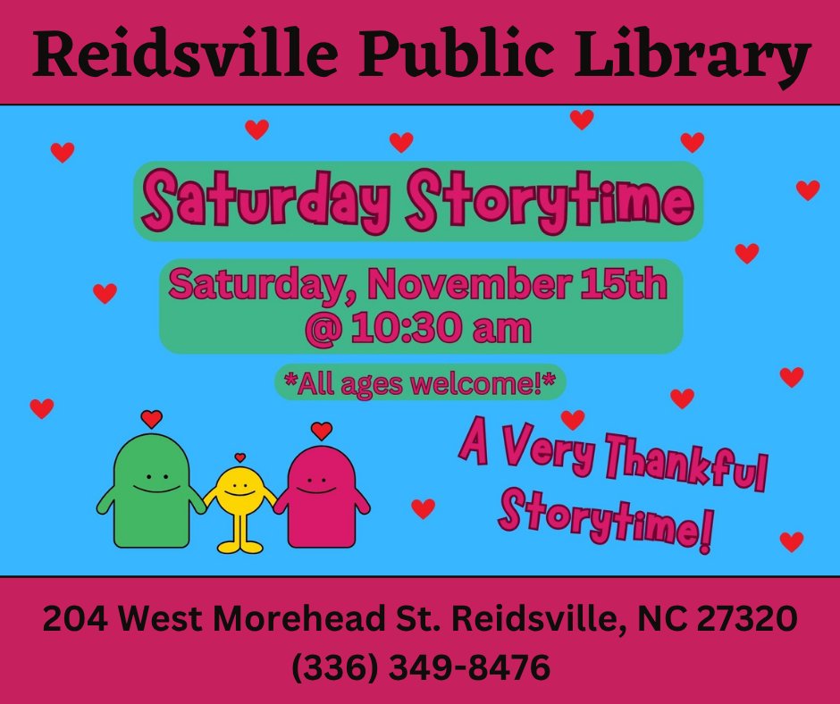 RCP_Library's tweet image. Programs and Events at Rockingham County Public Library on Saturday, November 15th! 🌽📗📽️🎲