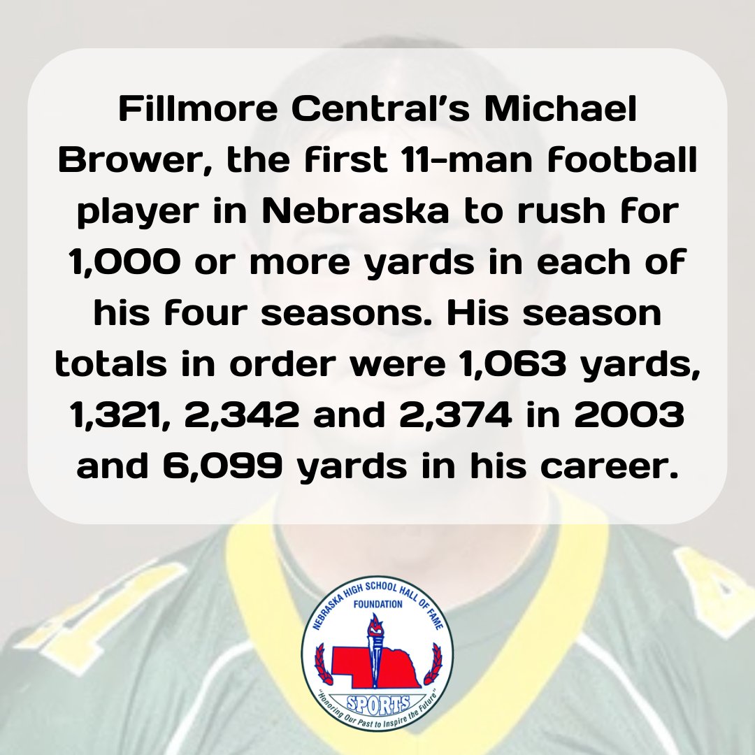 Football: On the Run. 21 years ago, Fillmore Central’s Michael Brower became the first 11 man player in Nebraska to rush for over 1,000 yards all four   seasons. His totals were 1,063, 1,321, 2,342 and 2,374 yards from 2003 to 2006 and he finished with a remarkable 6,099 yards.