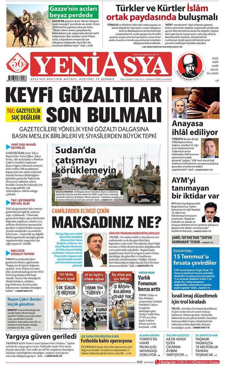 8 Kasım 2025 Yeni Asya 1. Sayfa yeniasya.com.tr/e-gazete/