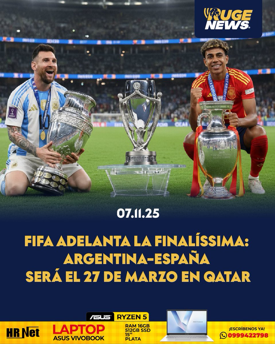 La Finalíssima ya tiene nueva fecha: 27 de marzo en el Estadio Lusail.
El duelo que enfrentará a Argentina, campeona de América, contra España, campeona de Europa, apunta a ser el gran choque de selecciones del 2026.
La FIFA quiere que se viva como una verdadera final