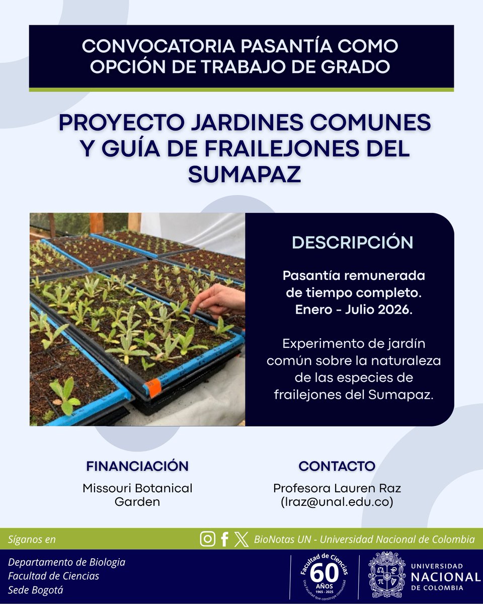 Ofrecemos dos pasantías en el proyecto "Frailejones del Sumapaz", para desarrollar en el semestre 2026-I.  Si eres estudiante de pregrado en Biología e Ingeniería Agronómica de la UNAL escribe a lraz@unal.edu.co. Fecha límite para postulaciones: 19 de noviembre <a href="/CienciasUNALBog/">Facultad de Ciencias - Universidad Nacional</a>