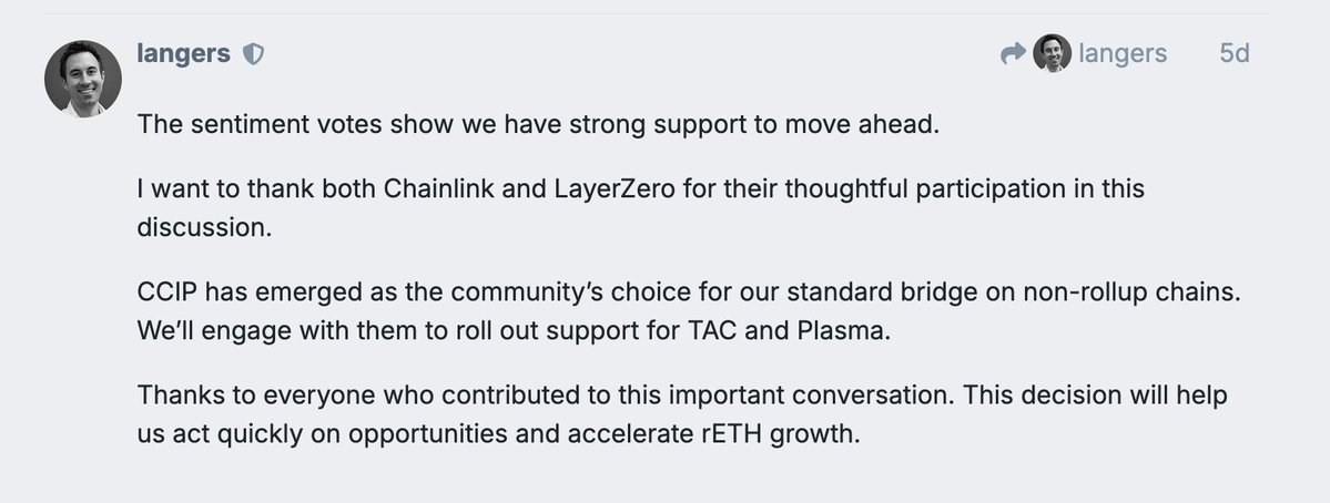 0xpandasifu's tweet image. a news that went under the radar, but CCIP is also the official bridge for @Rocket_Pool 

an honor to have the trust of the RP community, and the key builders like @langerstwit 

CCIP powers LSTs.