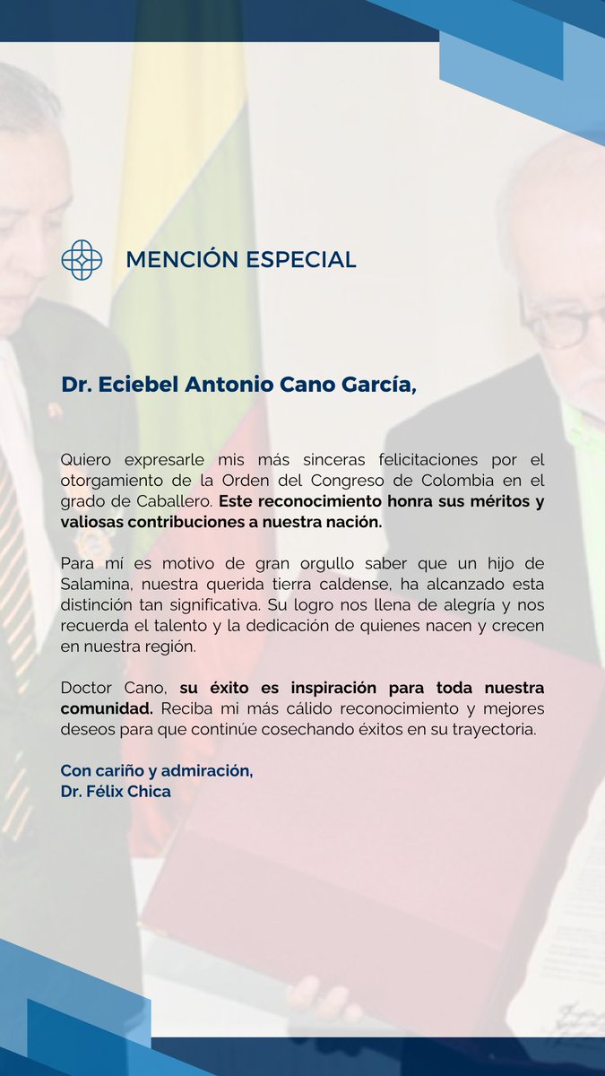 ¡Un cálido y sentido reconocimiento, con el orgullo que solo siente un Caldense, para nuestro destacado Dr. Eciebel Antonio Cano García! Su trayectoria es un legado que honra a nuestra tierra y nos inspira a todos.