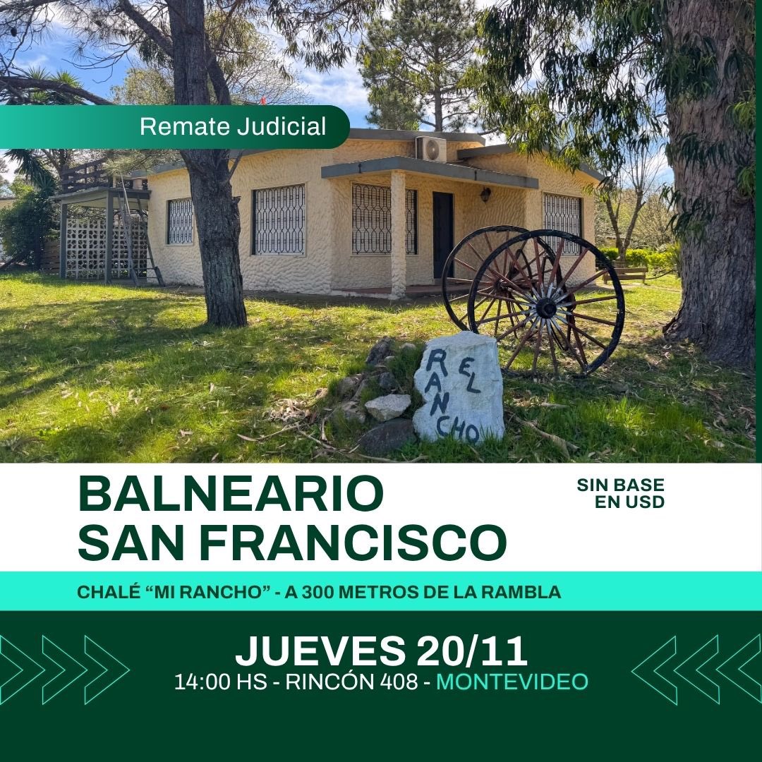 iocco1949's tweet photo. 🏡 Remate Judicial – Balneario San Francisco
Sin base • En dólares

📍 A 300 m de la Rambla – Martineta esq. Cardenal
Chalé “Mi Rancho” (Padrón 5.769)

🔥 Living-comedor con estufa
🛏️ 2 dormitorios • 🚿 1 baño
🍽️ Cocina-comedor diario
🚗 Cocheras laterales • Parrillero • 🌿 Jardín

📐 Terreno: 541 m² | Edificado: 144 m²
Según Catastro. No se tuvo acceso al bien (tasación 2000).

🗓️ Jueves 20/11 – 14:00 hs
📍 Rincón 408, Montevideo

💬 Más info y fotos 👉 https://t.co/ymgB2FdUjU
📞 IOCCO Remates – 75 años de trayectoria