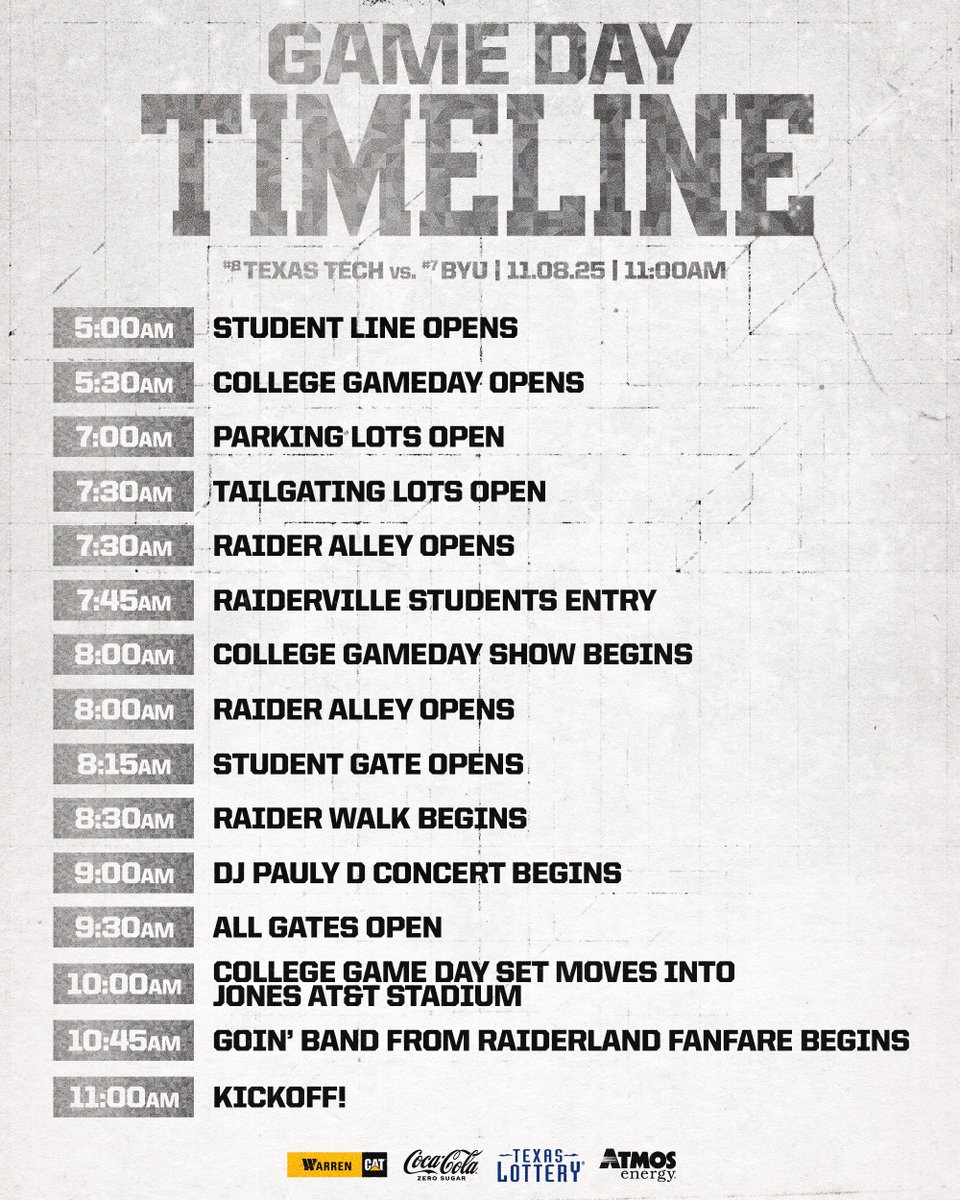 TexasTechFB's tweet photo. Timeline for tomorrow, plan accordingly ⤵️ https://t.co/Inlv5ucNBg