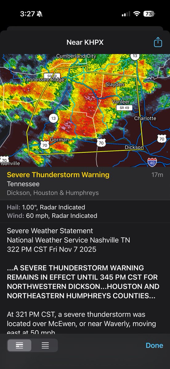 New: Severe Thunderstorm Warning until 3:45pm for Western Dickson County.

60mph winds and 1 inch hail possible with this storm.