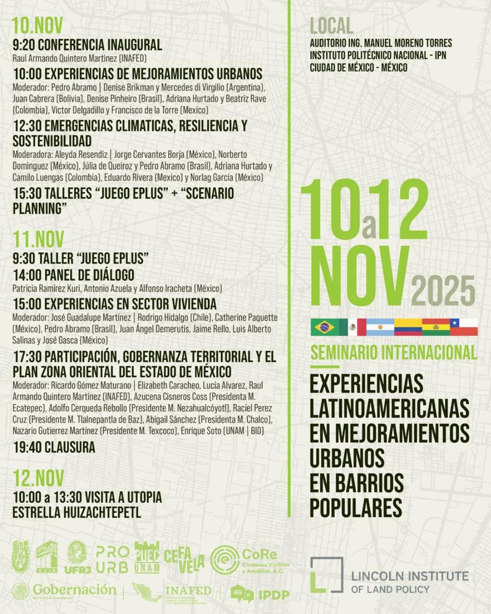 Seminario internacional  "EXPERIENCIAS LATINOAMERICANAS EN MEJORAMIENTOS URBANOS EN BARRIOS POPULARES"
Aportes a la implementación del Plan de Mejoramientos de la Zona Oriental del Estado de México
📆 10 al 12 de noviembre 2025
Regístrate 👉 bit.ly/47kbp5l