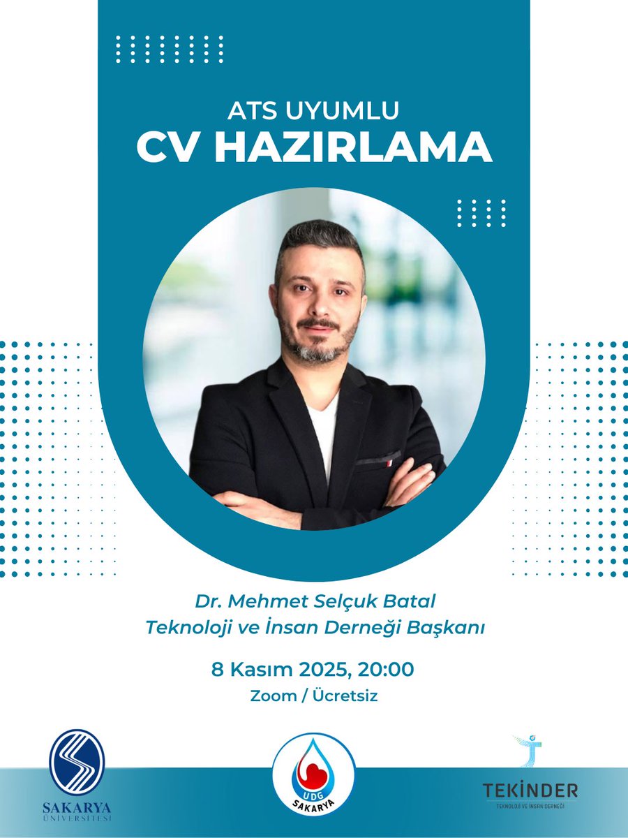 msbatal's tweet photo. 8 Kasım Cumartesi günü saat 20.00'de Sakarya Üniversitesi Damla Öğrenci Topluluğu’nun düzenlediği etkinlik kapsamında "ATS Uyumlu CV Hazırlama" konulu çevrimiçi bir seminer vereceğim. Davetlisiniz…

#tekinder #sakarya #sü #cv #ats #seminer #etkinlik https://t.co/l63ofRc7jg