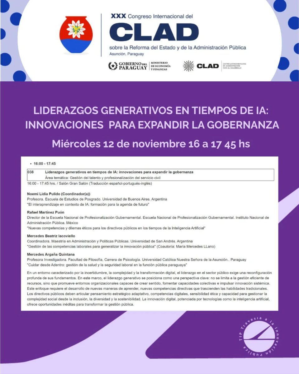 Liderazgos Generativos 🙋‍♀️🙋Te esperamos el 12 de noviembre a las 16 horas en Asunción-Congreso CLAD, con el lujo de colegas <a href="/rafmartinezpuon/">Rafael Martinez Puón</a> Mercedes Argaña, y el equipo TIP <a href="/mercedesiaco/">Mercedes Iacoviello</a> y <a href="/LlanoMechi/">Mechi Llano</a>