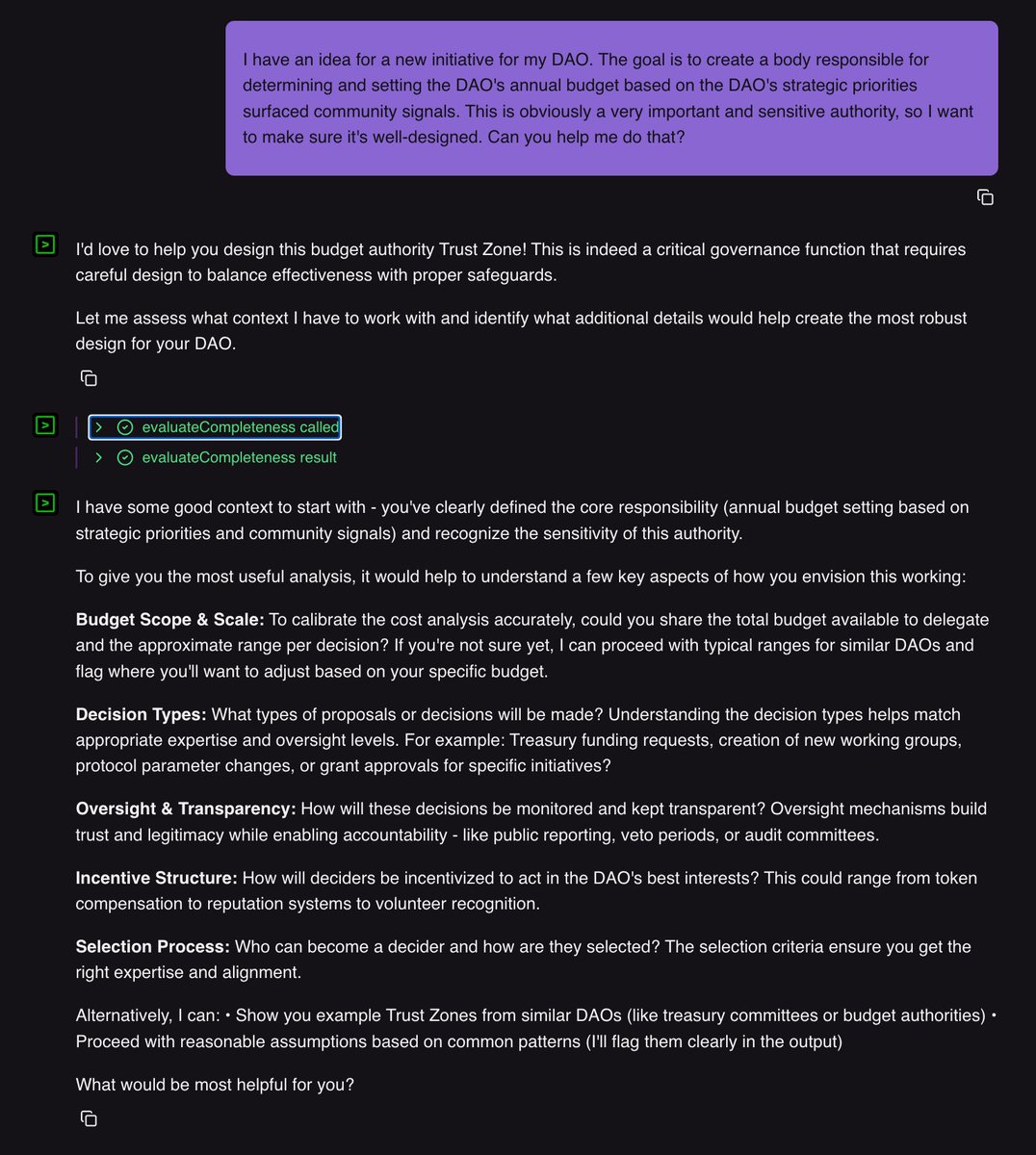 spengrah's tweet image. here&apos;s a great example of the Gardnr agent operating as a super sharp governance consultant / co-designer

I brought a fairly vague initiative to Gardnr and its questions are helping me get more specific about what exactly I&apos;m trying to accomplish and how to do it…