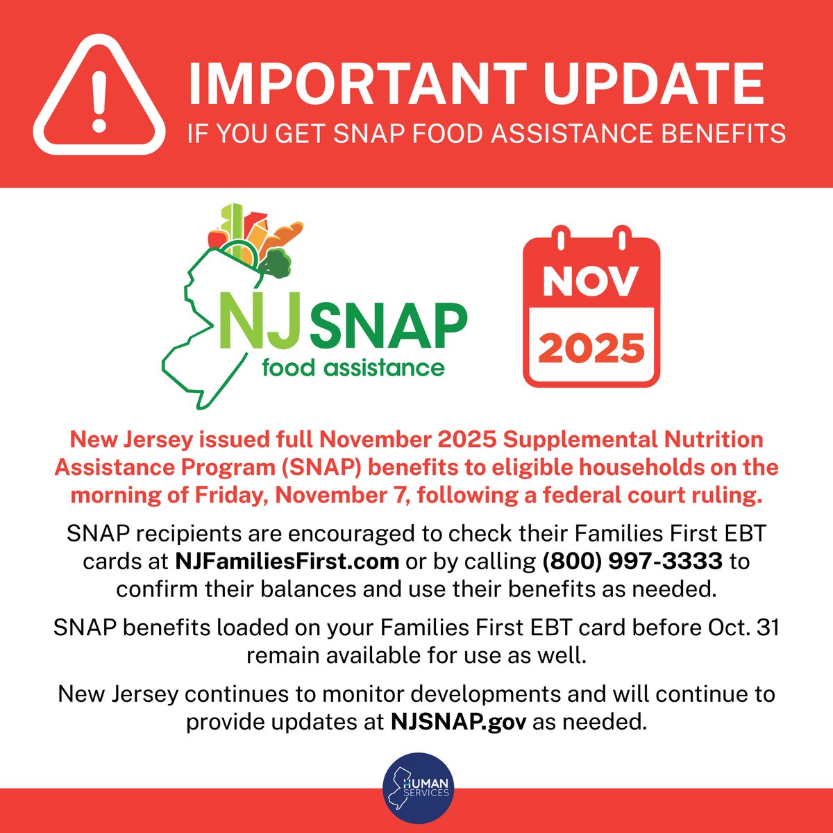 🚨 New Jersey continues to monitor developments and will continue to provide updates at NJSNAP.gov as needed. Additional assistance for #SNAP households during the ongoing federal shutdown is available at
🔗 NJ.gov/SNAPshutdown