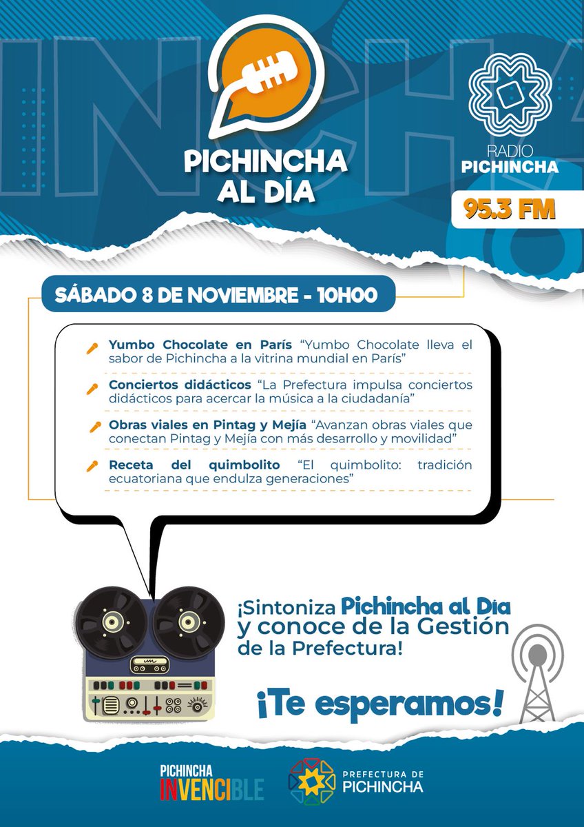 ¡Este fin de semana conoce más de nuestra provincia en #PichinchaAlDía! 😎📻

Sintoniza la 95.3 FM 🎧, <a href="/radio_pichincha/">Radio Pichincha</a>, desde las ⏰10h00, y entérate de:

✅   Yumbo Chocolate en París
✅   Conciertos didácticos
✅  Obras viales en Pintag y Mejía
✅  Receta del quimbolito