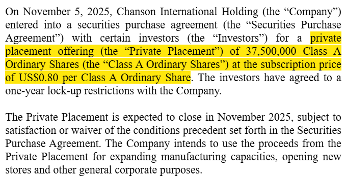 $CHSN Just your everyday offering of 37.5M shares at $0.80 for a stock with ~1M shares outstanding and trading in the $2 range.