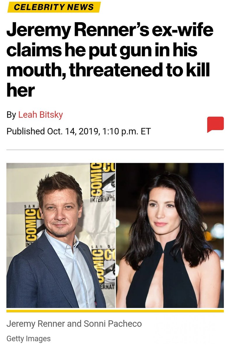 Jeremy Renner threatened to shoot his ex-wife, kill himself and shot the  ceiling, so stop acting like he isn't a dangerous nutbag. Disney chose to  give him work anyway., image size:789x1200