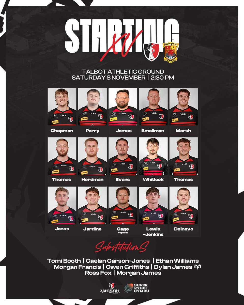Here’s your Aberavon XV set for Saturday’s <a href="/SuperRygbiCymru/">Super Rygbi Cymru</a> clash at the Talbot Athletic Ground against <a href="/CarmQuinsRFC/">Carmarthen Quins RFC</a>.

2⃣ Parry on loan from <a href="/Cardiff_RFC/">Cardiffrfc</a>.
⏯️ Thomas back from injury
🏅 Geraint James 150th appearance

#BeAberavon 🔴⚫️