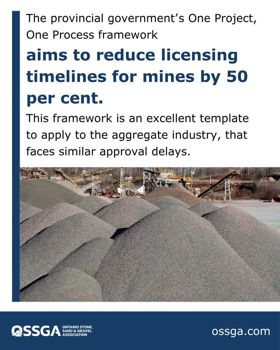 _OSSGA's tweet image. 🪨 The province&apos;s One Project, One Process framework marks a transformative step towards modernizing mining approvals in Ontario.

📢 We urge the government to form a working group to develop a pilot project for a parallel system for aggregate approvals.