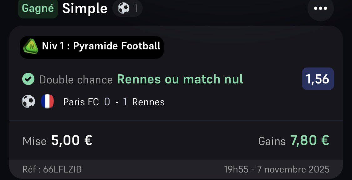 Palier 1 de la pyramide ✅

(Pendant que certains suppriment leurs bets sur paris fc remboursé si nul)

Aucun exploit de ma part, je me proclame pas être le meilleur, mais bon a 50€ le vip posez vous des questions !

Bonne soirée la team🫡