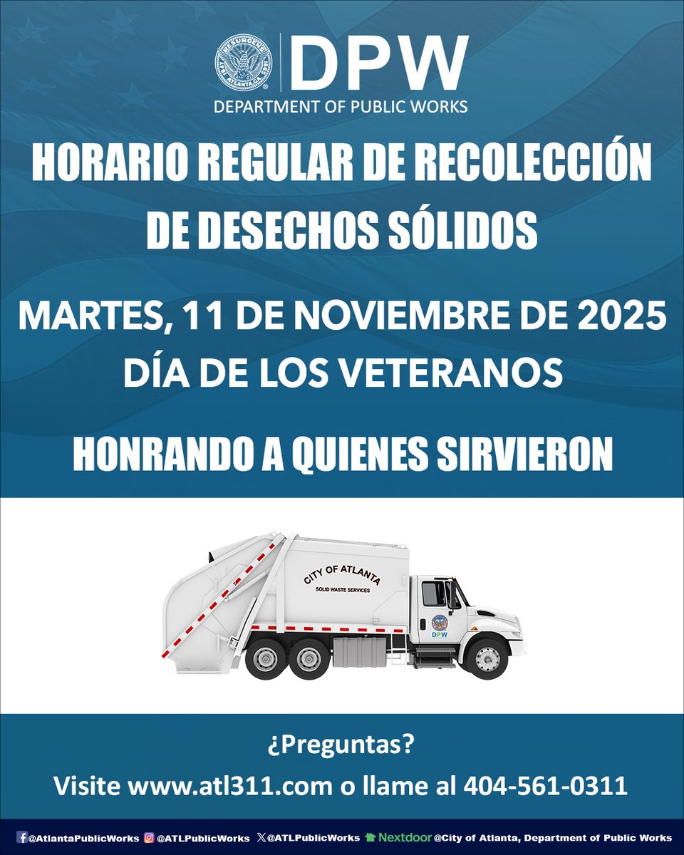 Atlanta, there will be no changes to garbage, yard trimming, and recycling collection on Tuesday, November 11 (Veterans Day).

Residents should place their bins curbside on their scheduled day.

For questions, contact @atl311 or dial 404-546-0311.

<a href="/CityofAtlanta/">City of Atlanta, GA</a>