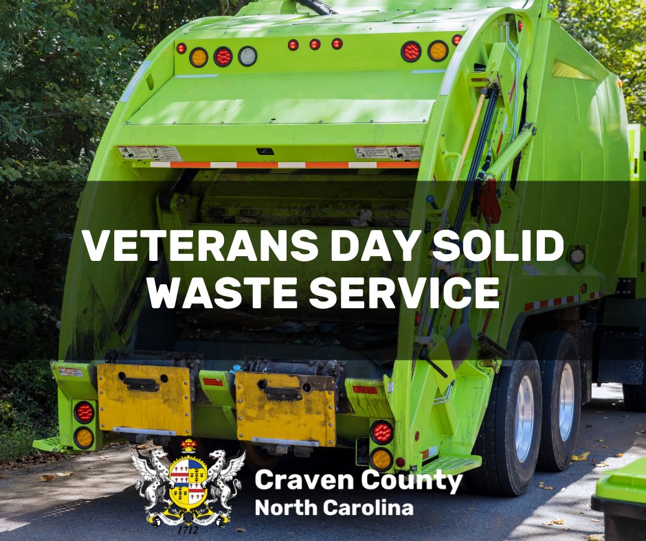Veterans Day Solid Waste Service🚛♻️

Curbside trash and recycling collection in Craven County will operate on a normal schedule November 10-14. Convenience Centers will remain open on Tuesday, November 11.