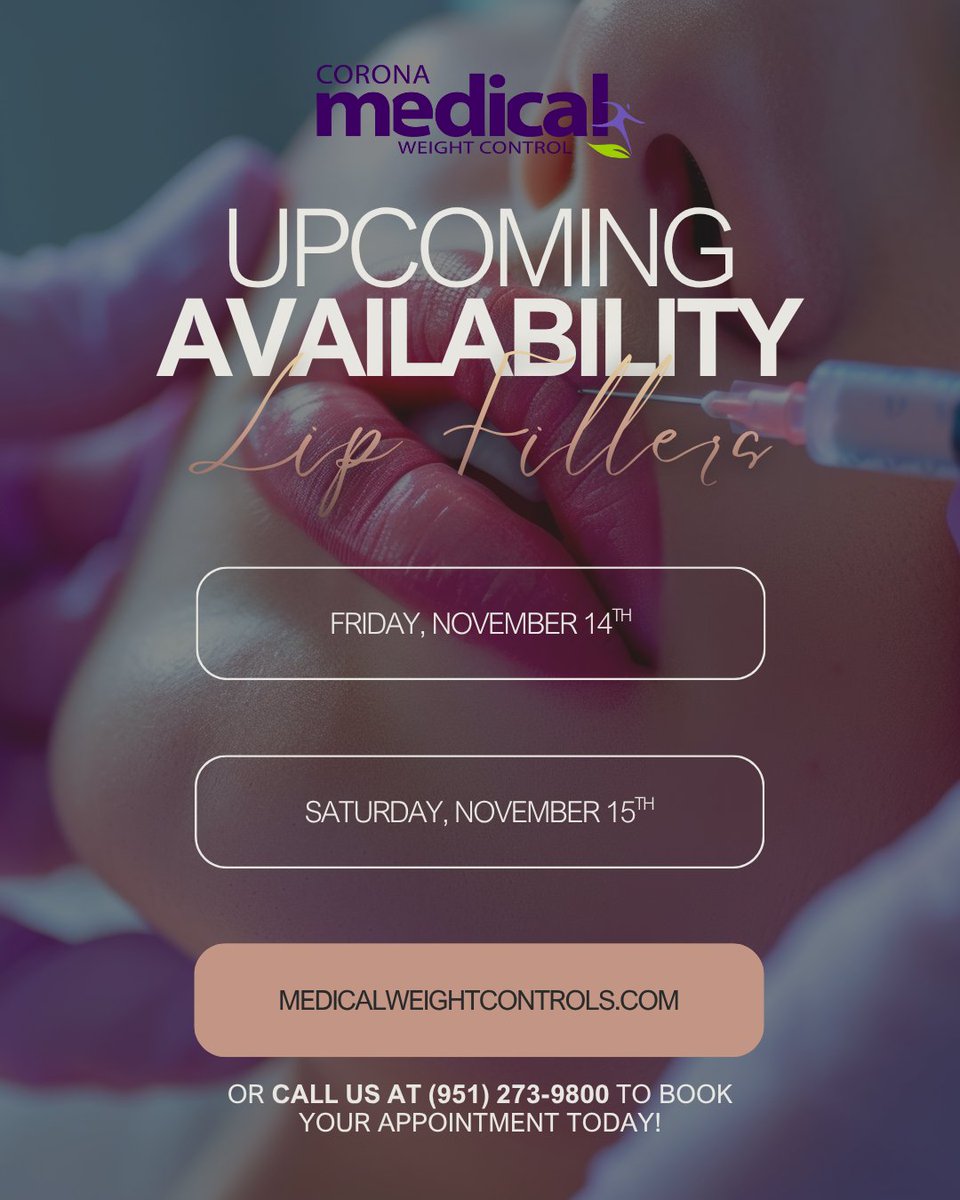 MWeightControls's tweet image. ✨ Ready for fuller, natural-looking lips? ✨
Our upcoming lip filler appointment dates are now available! Secure your spot and get the pout you’ve been dreaming of. 💋

📞 Call us at (951) 273-9800 or 💻 Book online at MedicalWeightControls.com

Spots are limited—don’t wait!…