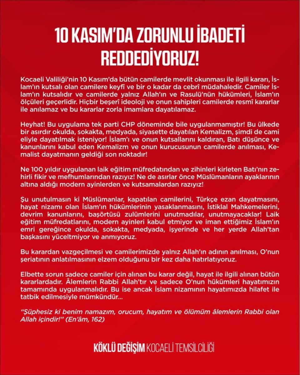 Bu bildiri Türkiye Cumhuriyeti Devleti’nin anayasal düzenine karşı fiili bir saldırı girişimini temsil etmiyor mu?

Türkiye Laik bir devlettir! Hilafet diye bir kurum yoktur! Oysa bu bildiri direkt hilafet çağrısıyla son bulmaktadır!

Anayasanın değiştirilmesi teklif dahi