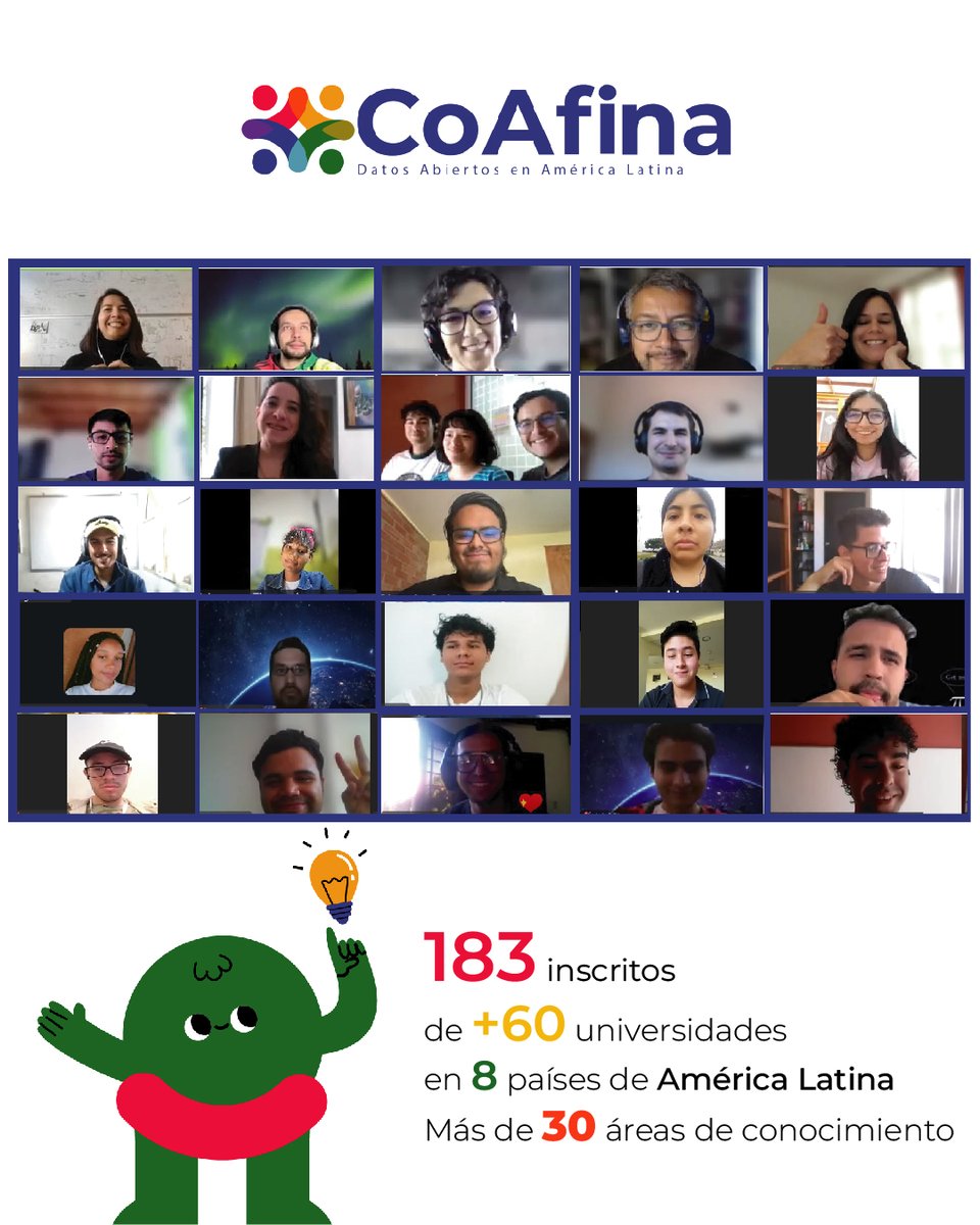 CoAfina's tweet photo. 🎉 ¡Ya iniciamos! #CoAfina2025

💡 183 estudiantes inscritos
🏛️ +60 universidades
🌎 8 países de América Latina
📚 Más de 30 áreas de conocimiento. https://t.co/cpWBWUWuSL