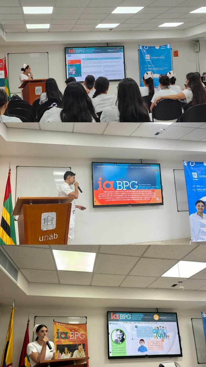 💡 Sustentación de estudiantes líderes y agentes de cambio en los resultados del Plan de mejora de sus prácticas electivas de profundización (PEP) 🩺💉
Estudiantes del último semestre del programa de Enfermería UNAB 🧡💙🤍 #RNAO #BPSO