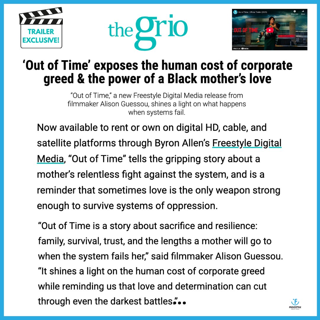 FreestyleDM's tweet image. 📣📣THANK YOU #THEGRIO for the exclusive TRAILER drop!

OUT OF TIME is now available to rent or own on cable, satellite and digital platforms.

Read the full article and watch the trailer:
tinyurl.com/yc72tscf

A mother fights a pharmaceutical CEO to save her son.