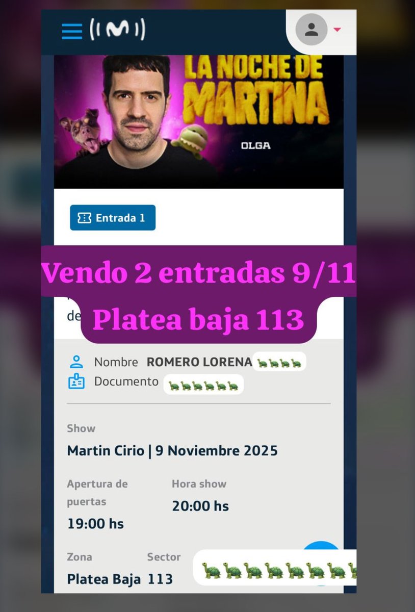 romerolorena1's tweet photo. Vendo dos entradas para el 9/11 platea baja 113. Menos de lo que la pagué 
Martín cirio https://t.co/qDkkZE6WYM