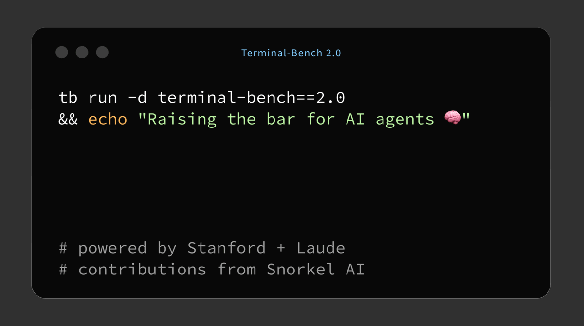 SnorkelAI's tweet photo. From isolated snippets → full workflows. Proud to partner with @Stanford and @LaudeInstitute on #TerminalBench 2.0 — helping redefine agent evaluation. Thanks @Mike_A_Merrill and @alexgshaw for leading the charge and allowing our researchers the opportunity to contribute. https://t.co/0DYngDkUQ0