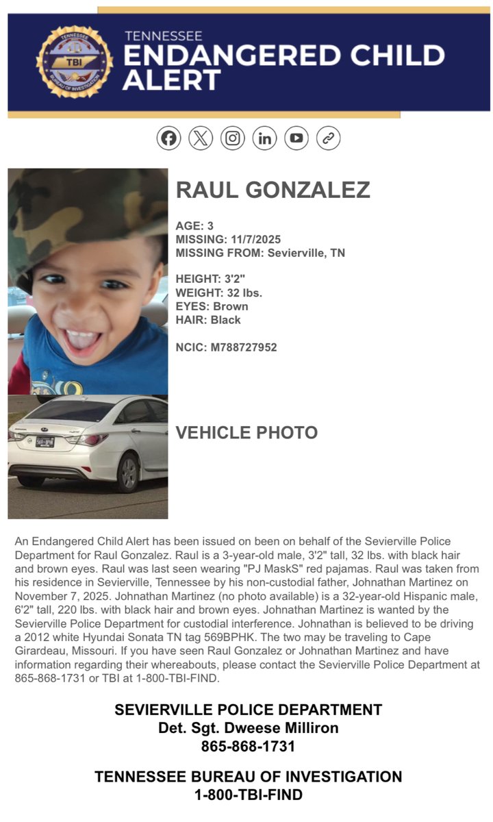 TBInvestigation's tweet image. Johnathan Martinez is believed to be driving a 2012 white Hyundai Sonata with TN tag 569BPHK. and could be heading to Cape Girardeau, Missouri. At this time, we do not have a photo of Martinez. 

Have info? Call the Sevierville PD at 865-868-1731 or TBI at 1-800-TBI-FIND. 2/X